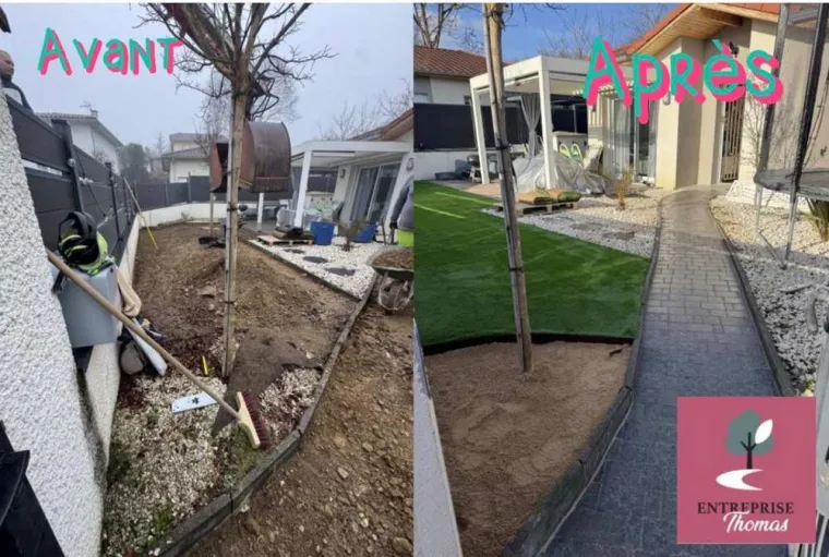 Pose de gazon synthétique et de pavé dans le jardin d'une maison à Bourgoin-Jallieu, Tignieu-Jameyzieu, ENTREPRISE Thomas SARL